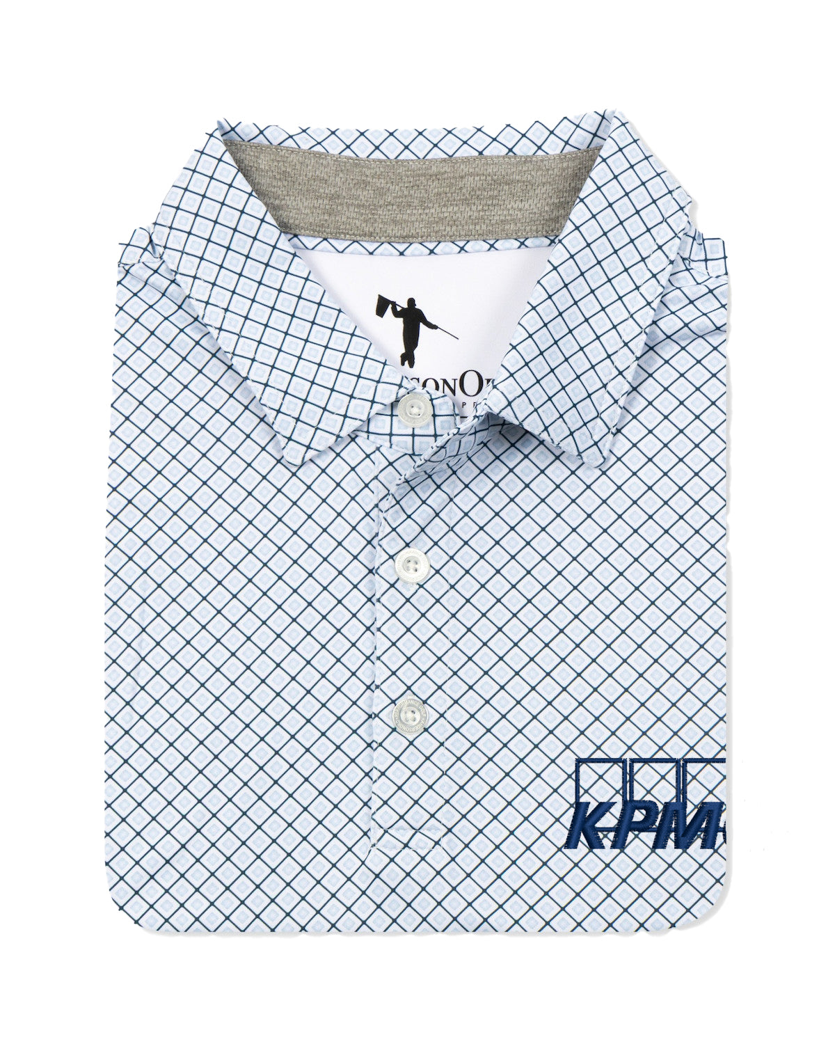 A folded white polo shirt with a blue grid pattern, featuring a collar with a gray inner sweat band, white buttons, and a blue KPMG logo on the lower right front.