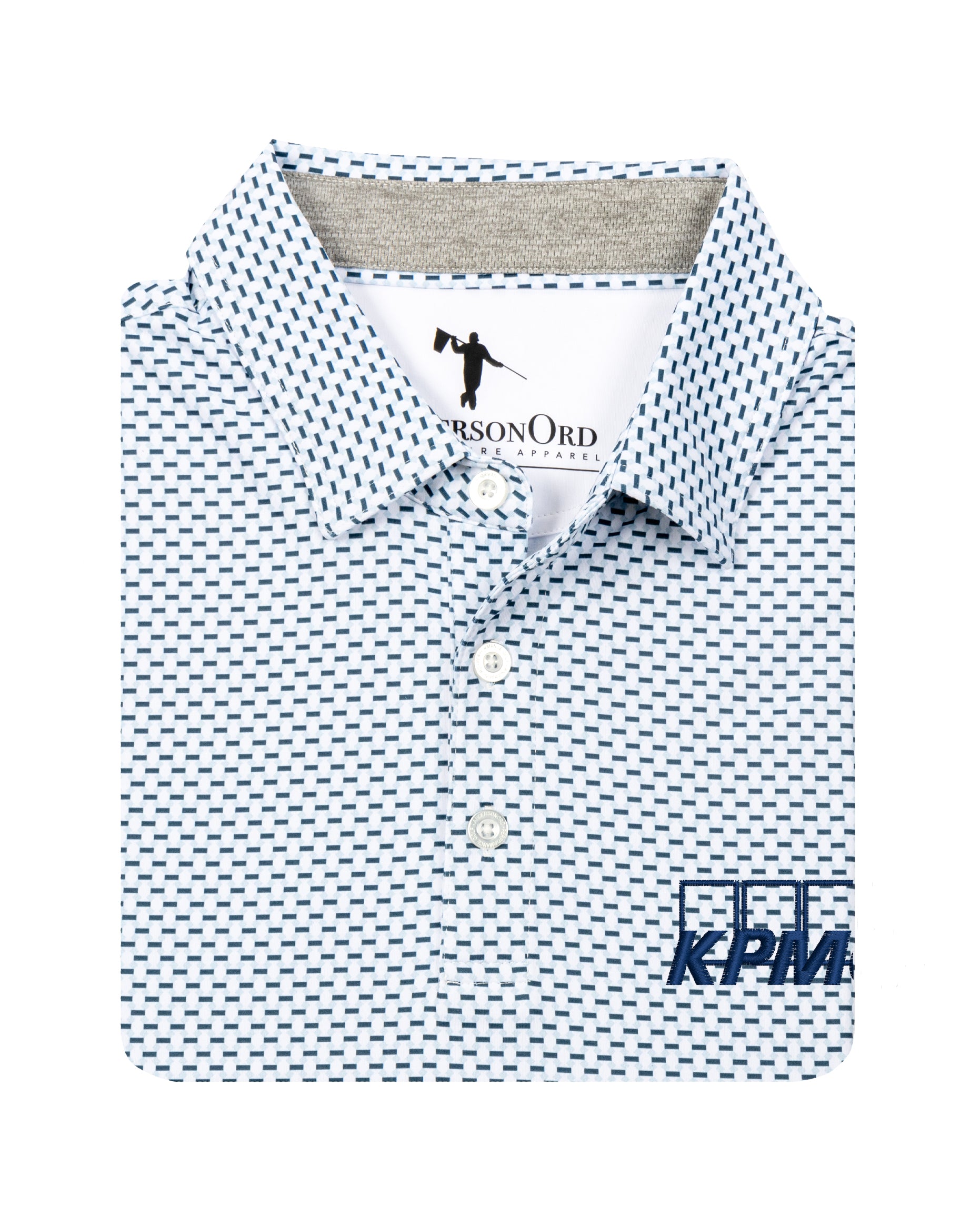 Custom embroidered AndersonOrd performance golf polo in white and blue geometric print featuring the KPMG logo