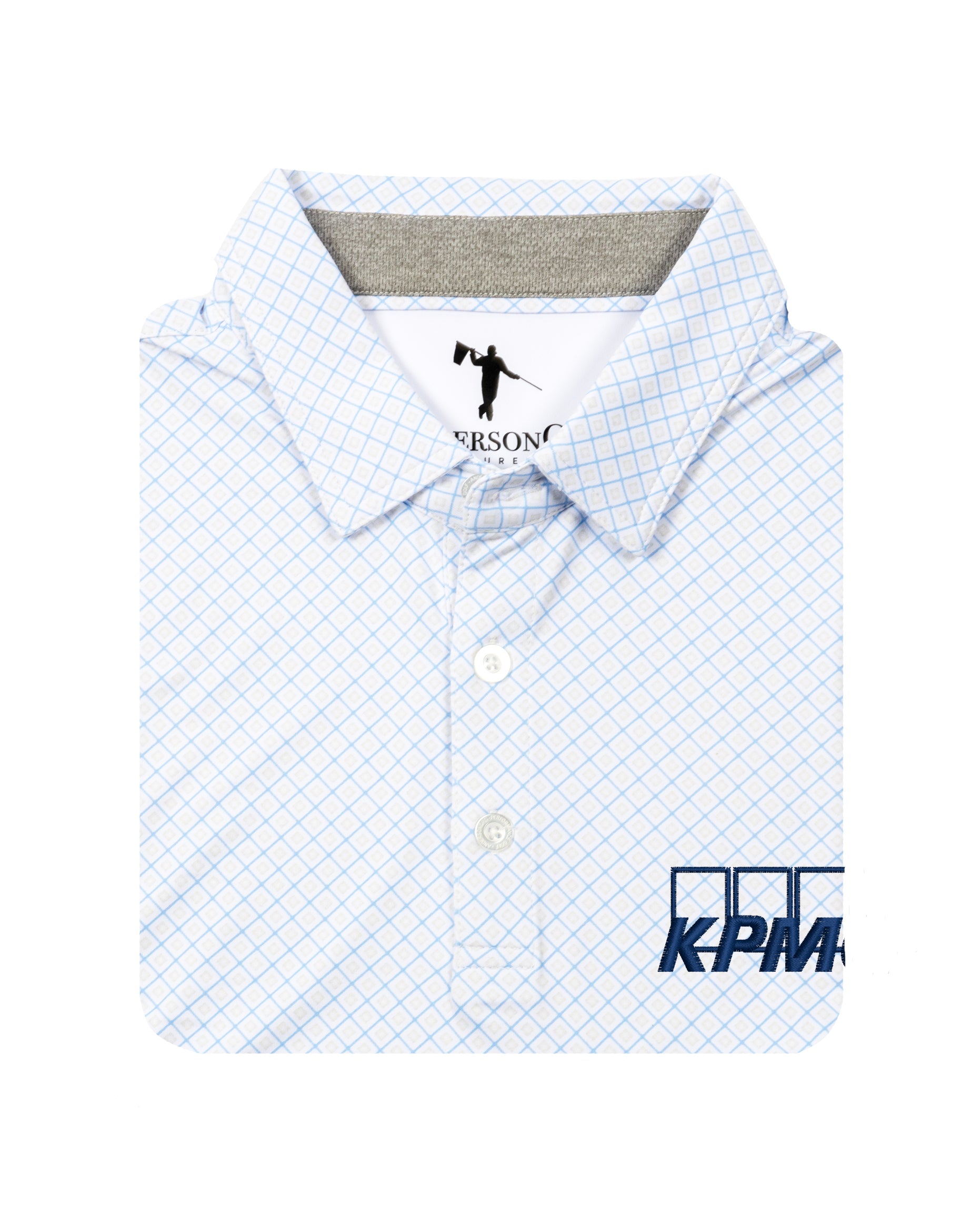 A folded light blue and white polo shirt with a gray inner collar lining, featuring a KPM logo on the lower right front and a AndersonOrd brand label inside the collar.