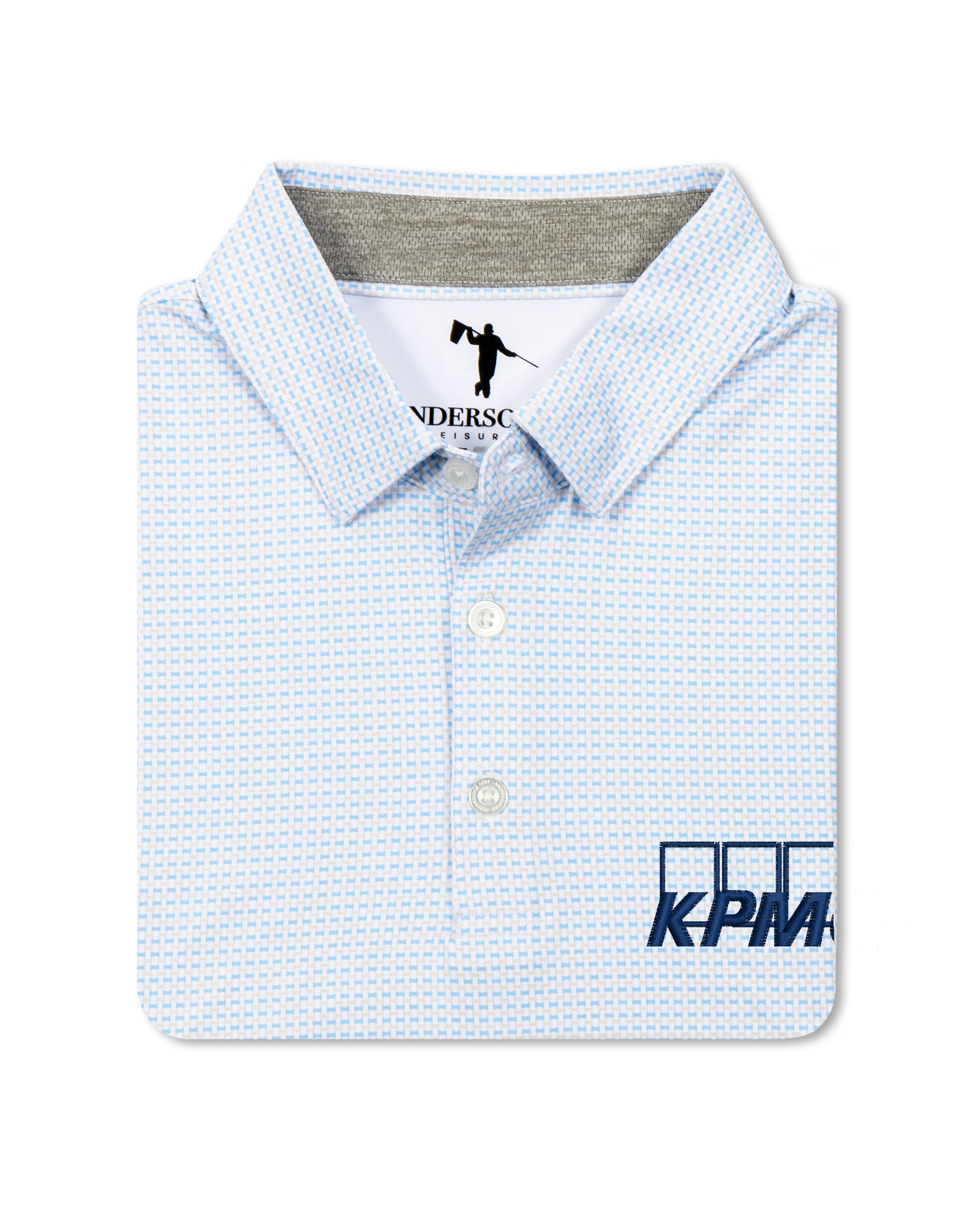 AndersonOrd performance golf polo in white, sand, and pale bllue geometric print with embroidered KPMG logo