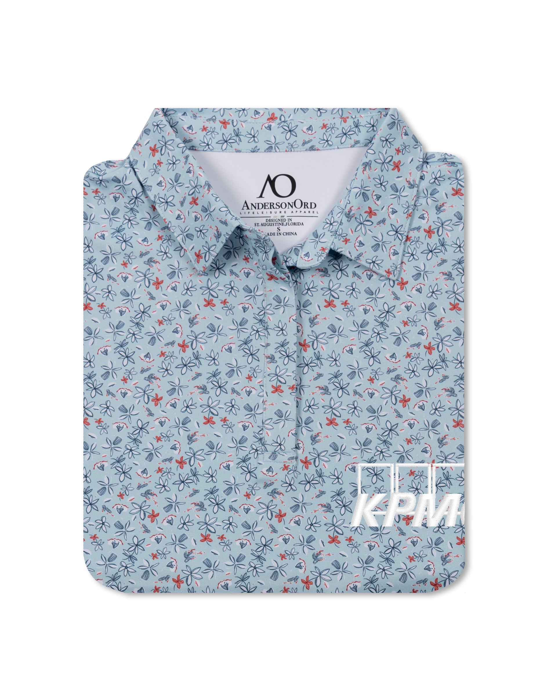 A folded Anderson's World long-sleeve button-down shirt featuring a light blue base with a dense red and green floral print, displayed on a clean white background.