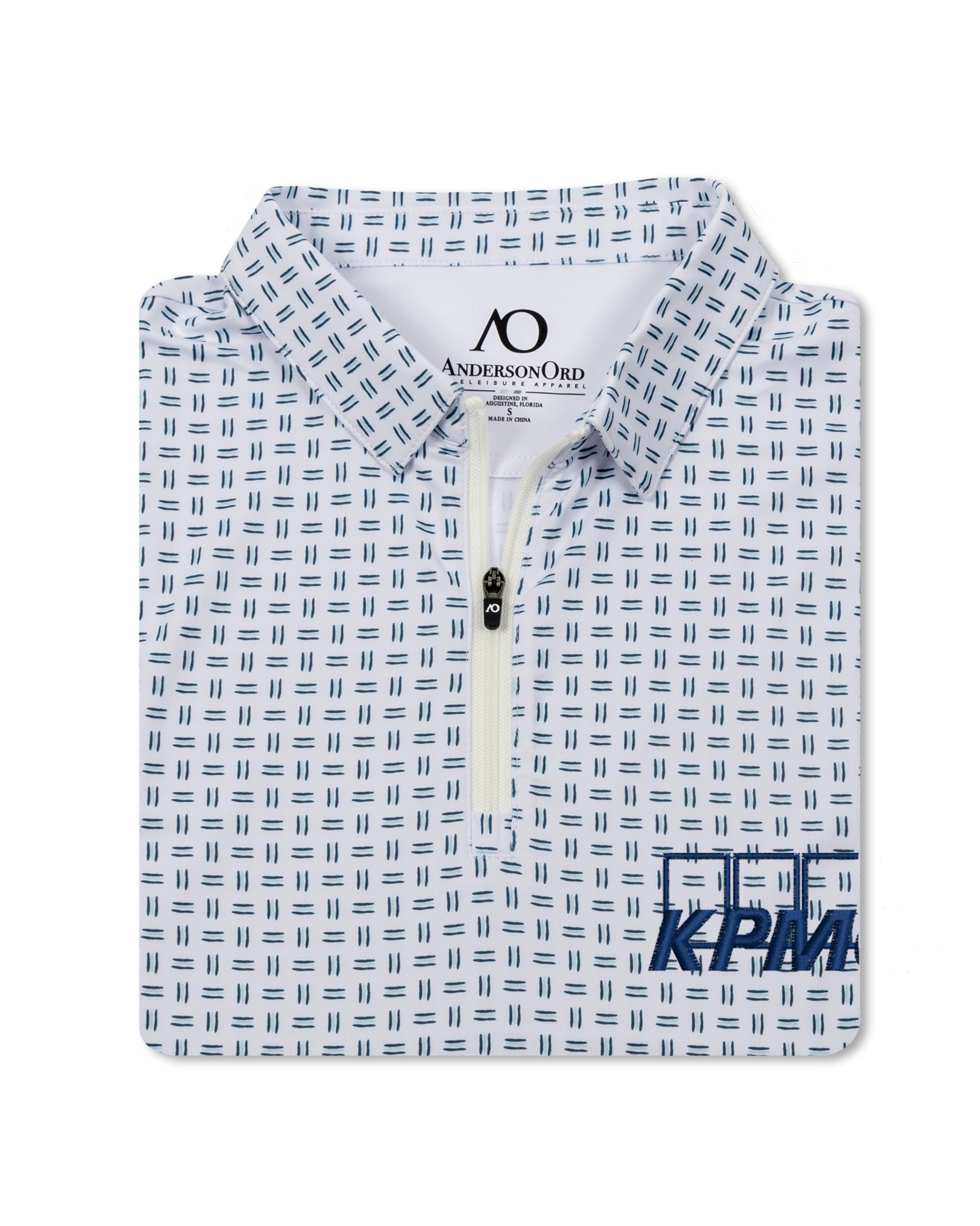 A white short-sleeve polo shirt by AndersonOrd featuring a repeating blue geometric pattern and a blue 'KPMG' logo on the lower right front.
