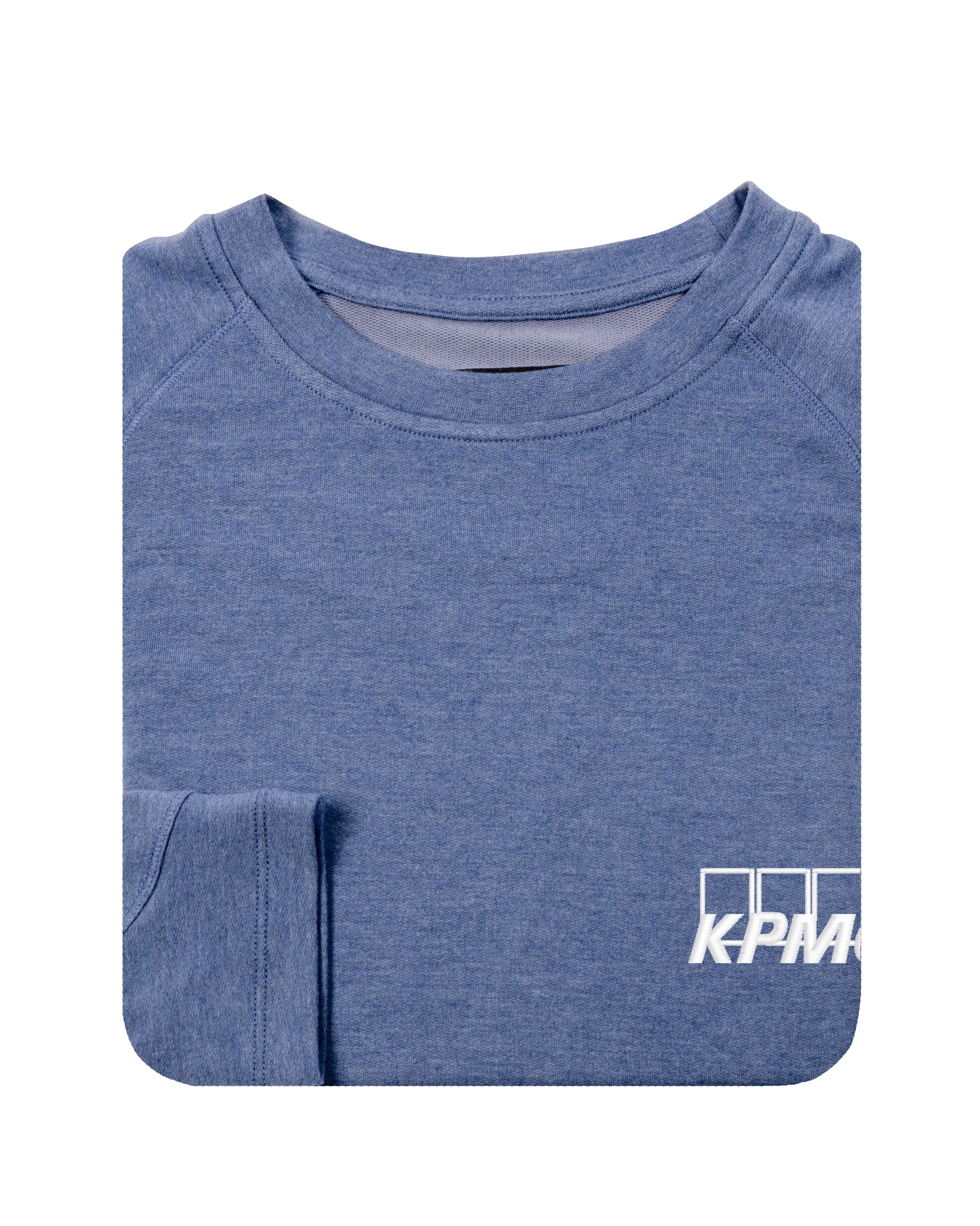 A folded heather blue long-sleeve raglan t-shirt with a white 'KPMG' logo printed on the lower right chest, shown on a solid white background.