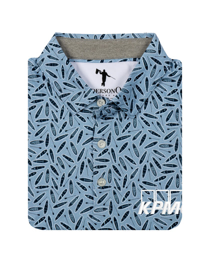 Custom embroidered AndersonOrd surfboard print golf polo in blue featuring the KPMG logo