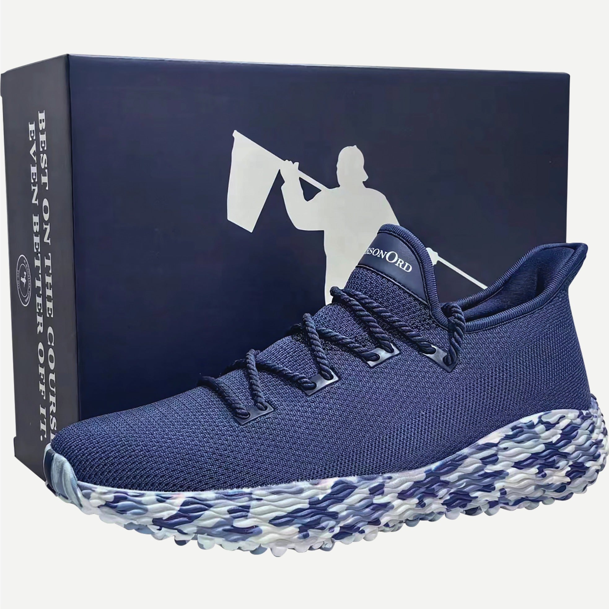 AO Wave1. Blue Camo Athletic Performance Shoe. Perfect shoe for pickleball, the best shoe for running, and the ultimate shoe for golf. Shot on a blank background.