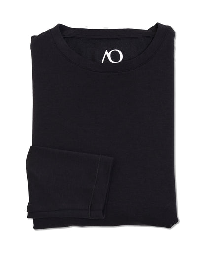 Folded black sweatshirt with a logo on a white background