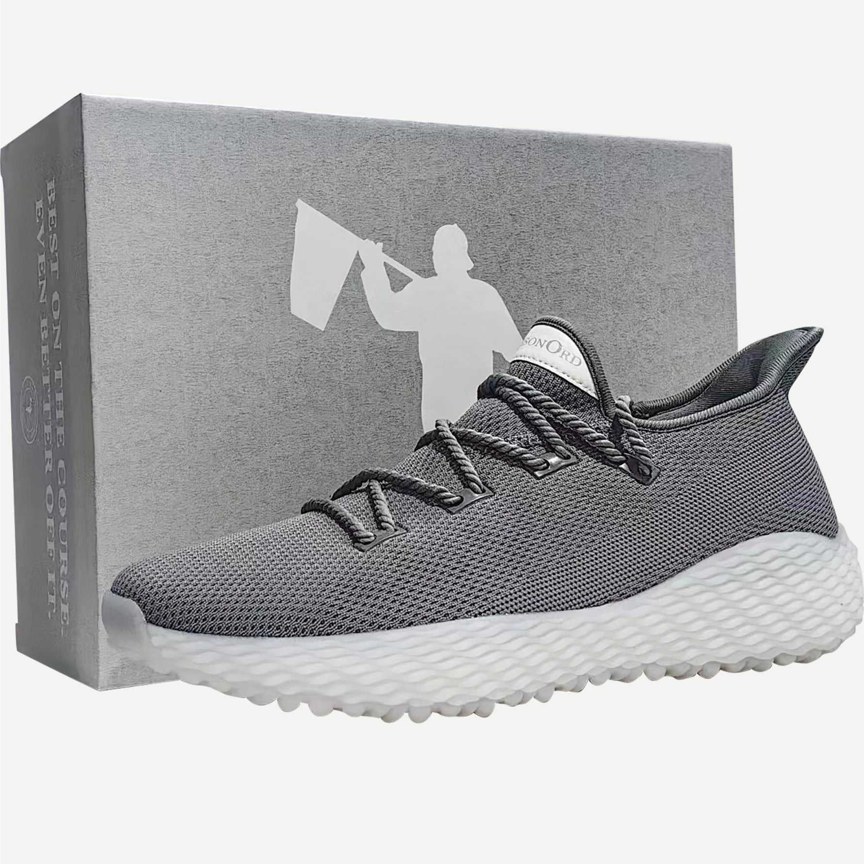 the best outdoor performance shoe. the AO WAVE1 performance shoe in grey  photographed next to a grey shoe box