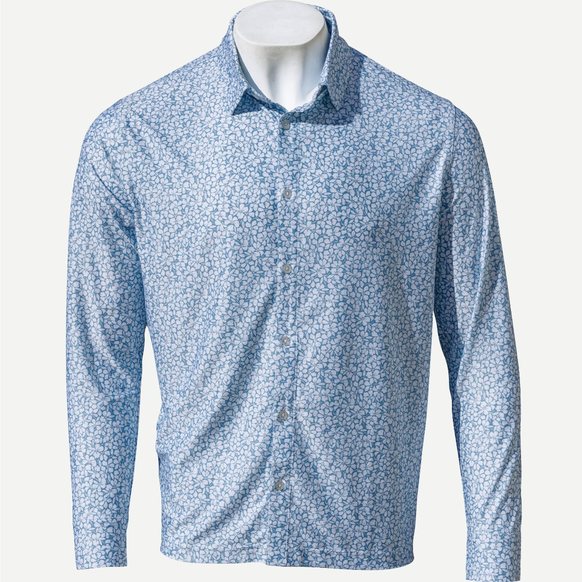 lightweight white and blue  print button down shirt for outdoor activity and golf shot on blank background. made with breathable lightweight upf fabric